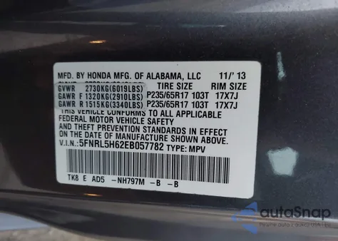 2014 Honda Odyssey Ex-L z USA, uszkodzony, nr VIN 5FNRL5H62EB057782